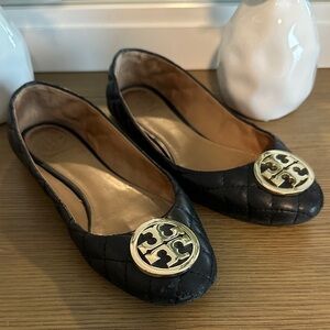 Tory Burch Black Quilted Flats with Gold Accents